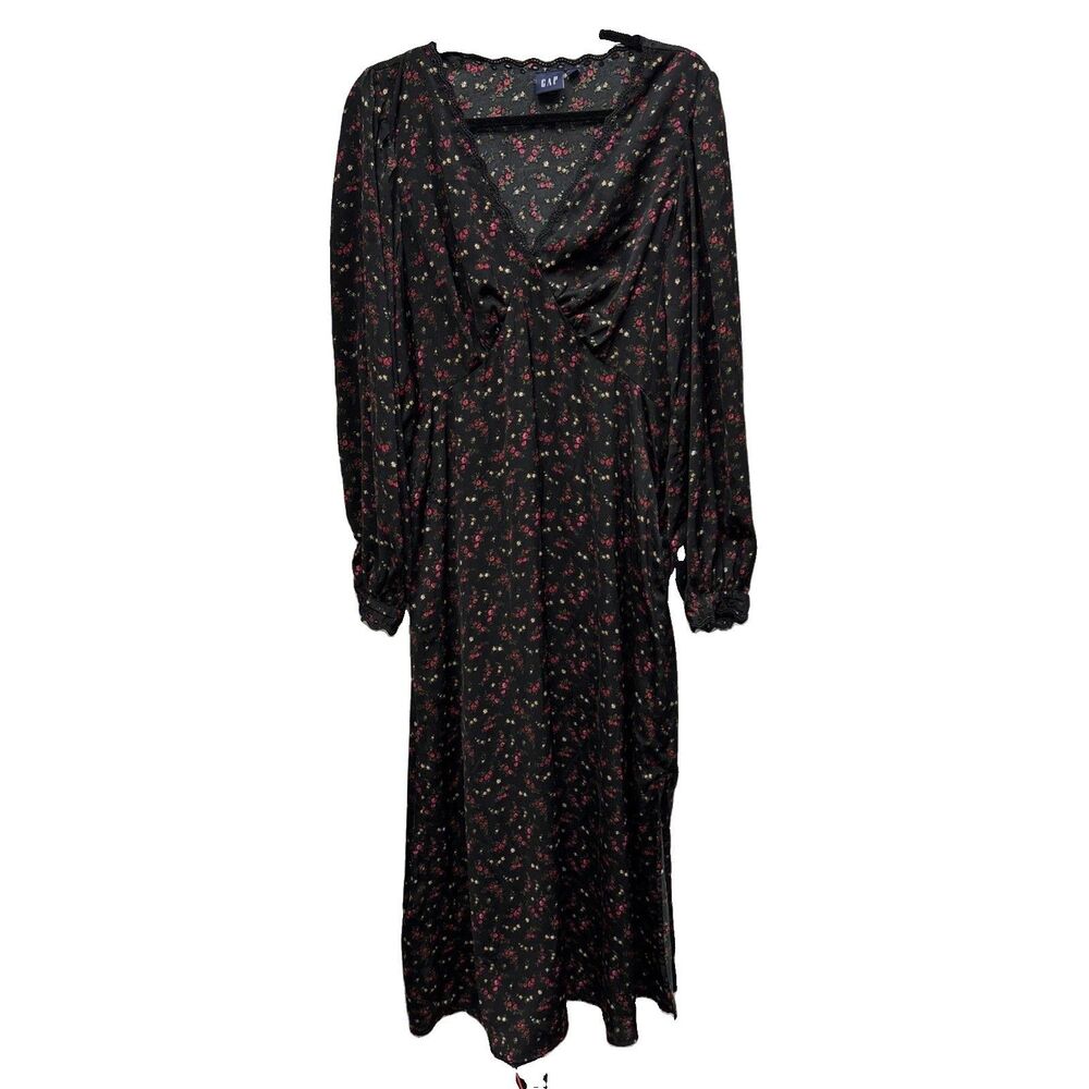 GAP Empire Midi Dress Black Floral V-Neck Lace Eyelet Trim Side Slit Zip L Tall